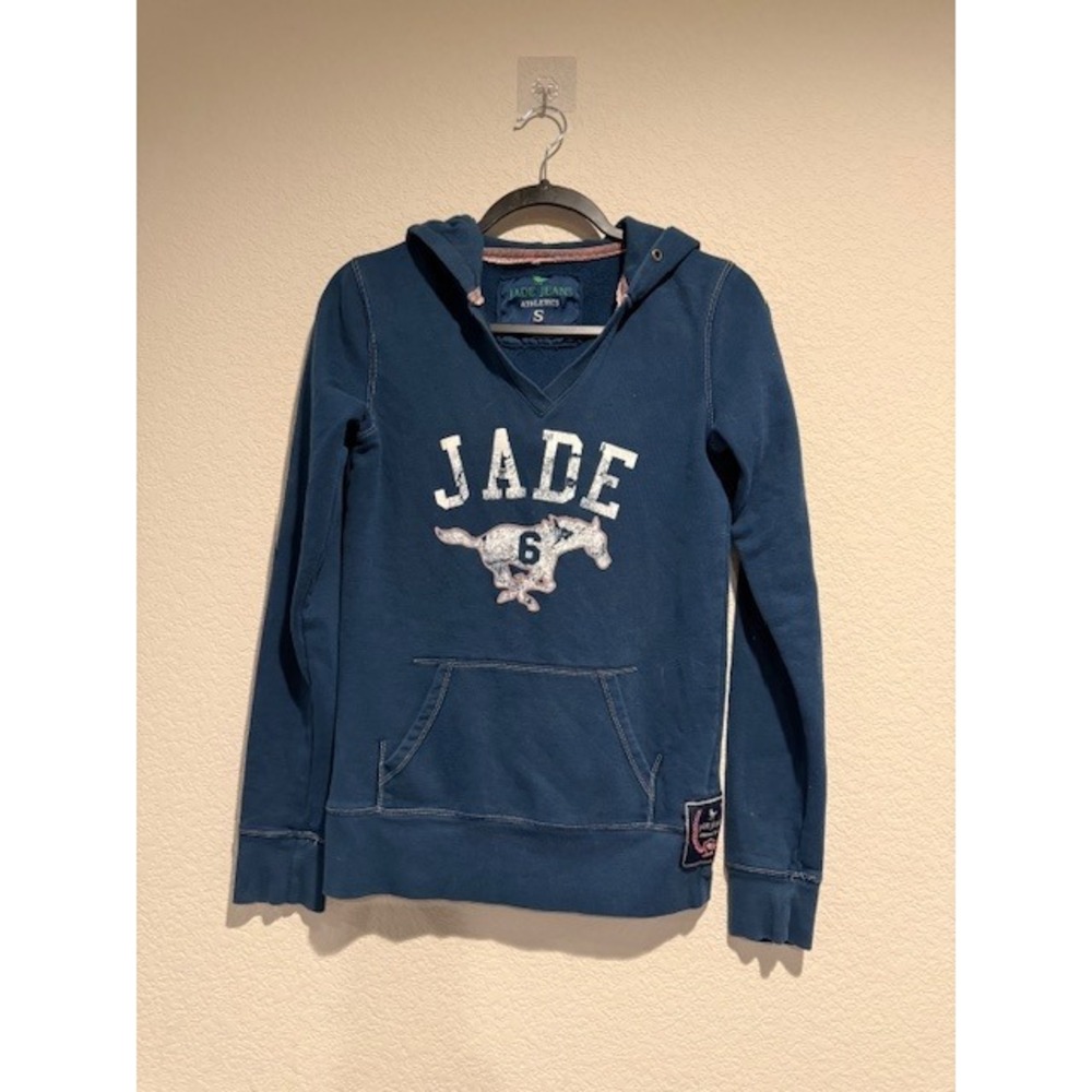 Y2K Jade Jeans Womens Mustangs Graphic Hoodie Teal Blue Contrast Stitch Small